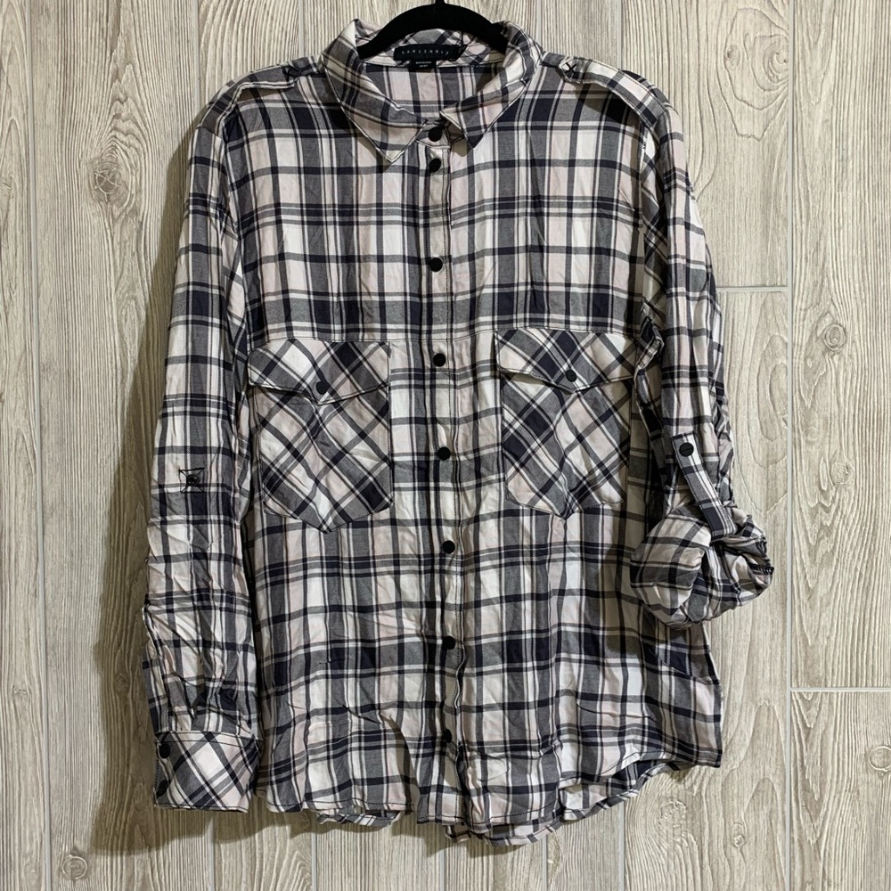 Sanctuary Plaid Boyfriend Long Roll Tab Sleeve Snap Front Pocket Shirt XL NEW